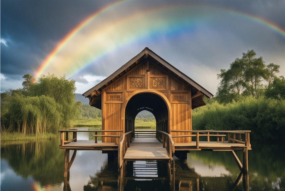 A boat dock and a rainbow depicting God’s covenant with humanity after the Great Flood.