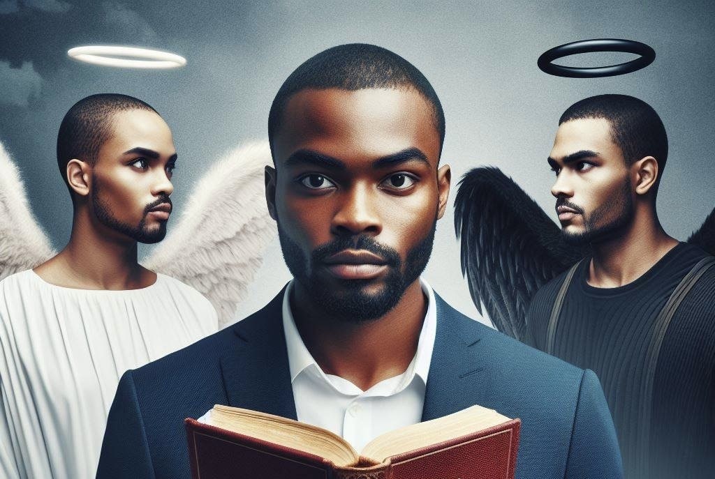 A young man holds a Bible while displaying self-control as a good angel and bad angel watch over him.