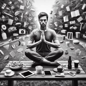 A man sits in a calm yoga pose as many stimuli and distractions of the world swirl around him.