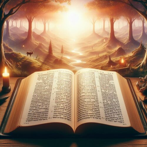 An open bible looking out on a scenic landscape.