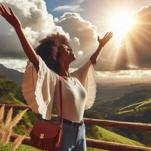 A young woman with her arms extended to the sky exulting and not denying God.