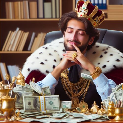 A man wears the garb of a king basking in the satisfaction of his great materialism and wealth.