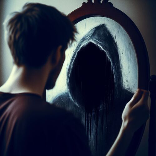 A young man looking into a mirror and not recognizing his identity.