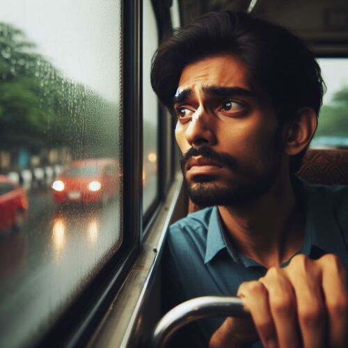 A man stares out the window of a bus with a very worried look on his face.