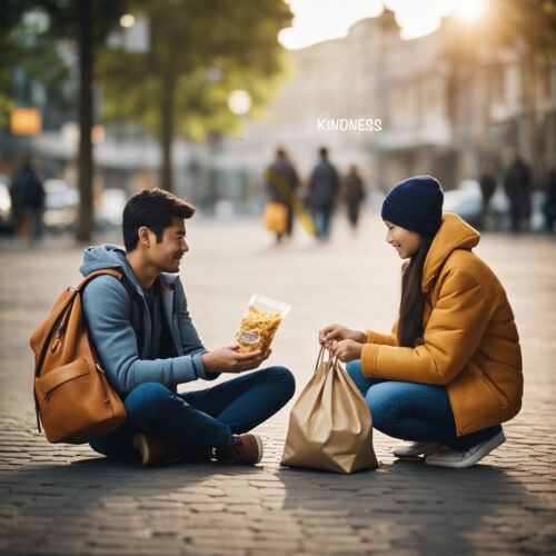 A man shares a bag of food with a woman.