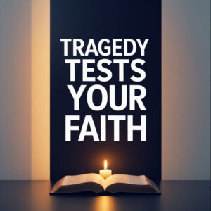 “Tragedy tests your faith” message over an open Bible.