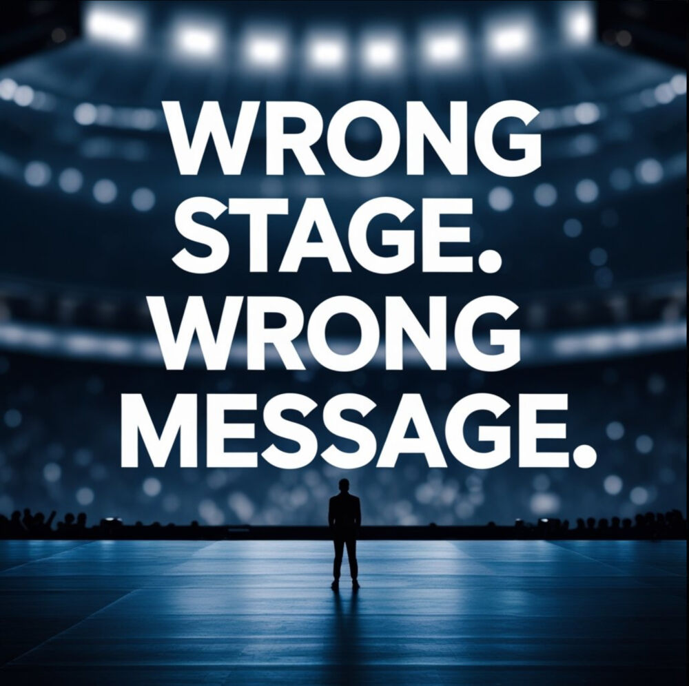 performer on stage under the caption: “Wrong Stage. Wrong Message.”