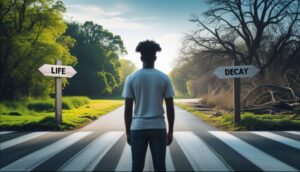 A young man standing at a crossroads deciding whether to “choose life” or “choose decay”.