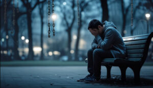 A person sitting on a park bench suffering from a victim mentality. The chains in the image depict fathom struggles.